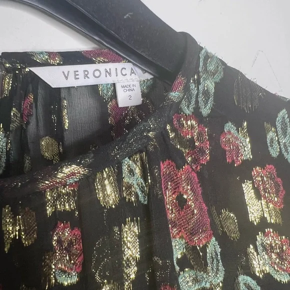 VERONICA BEARD Robin Long Sleeve Metallic Silk Mini Dress Black Floral Sz 2. - Picture 7 of 7